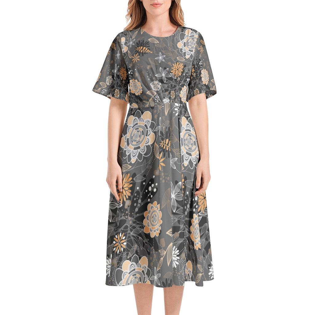 Short Sleeve Waist Folding Midi Dress