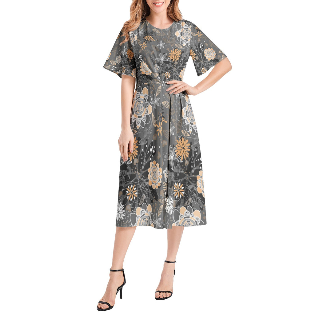Short Sleeve Waist Folding Midi Dress