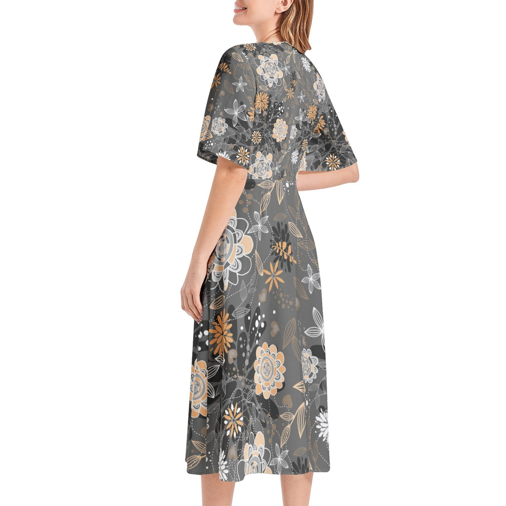 Short Sleeve Waist Folding Midi Dress