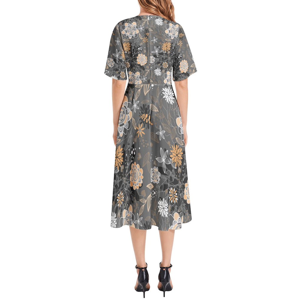 Short Sleeve Waist Folding Midi Dress