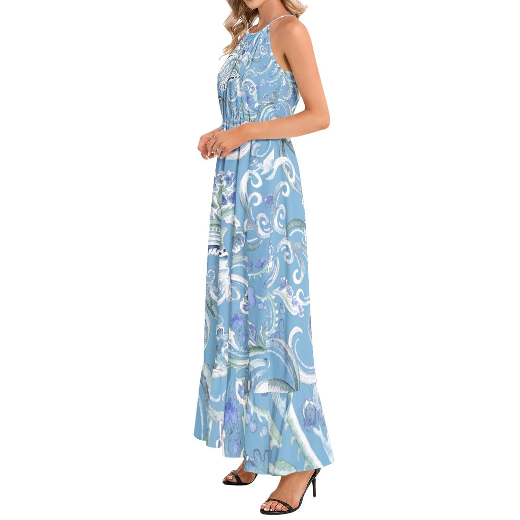 Ruffle Hem Halter Neck Maxi Dress