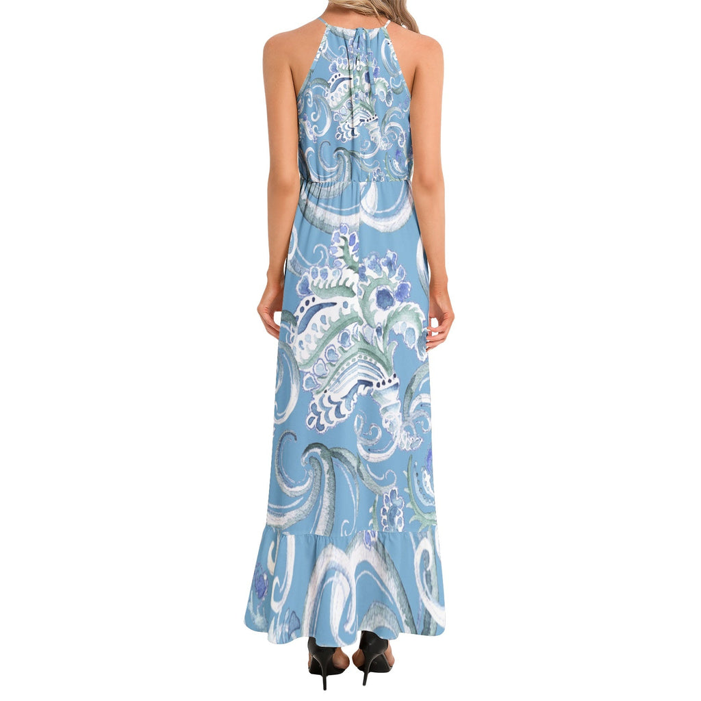 Ruffle Hem Halter Neck Maxi Dress