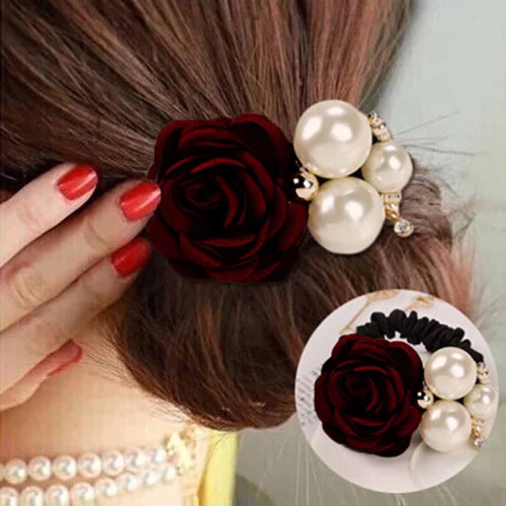 Satin Ribbon Rose Flower Pearls Hair band